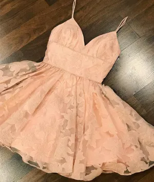 Pink sweetheart lace short prom dress, pink homecoming dress