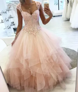 Pink sweetheart lace tulle long prom dress, pink evening dress