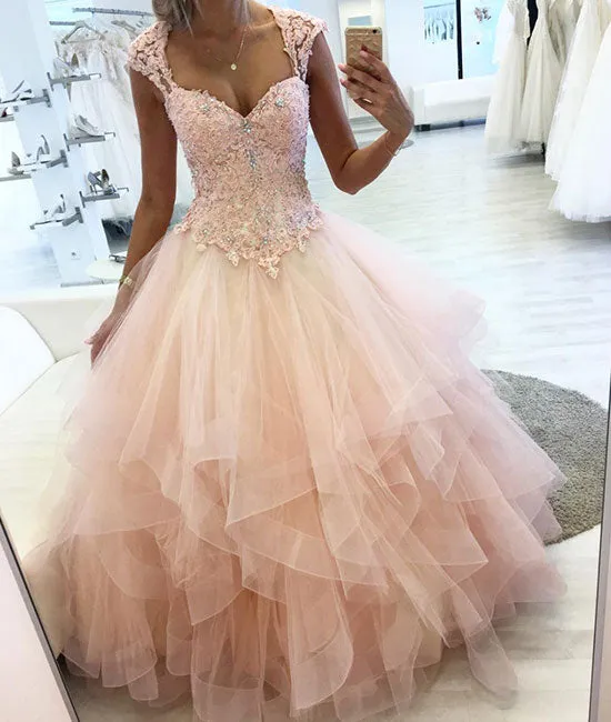 Pink sweetheart lace tulle long prom dress, pink evening dress