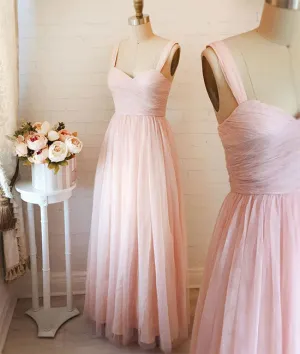 Pink sweetheart neck tulle long prom dress, pink evening dress
