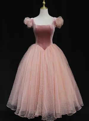 Pink Tulle and Velvet Short Sleeves Party Dress, Pink Tea Length Formal Dress
