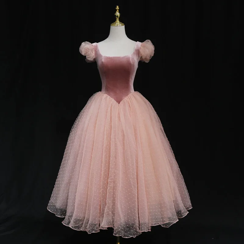 Pink Tulle and Velvet Short Sleeves Party Dress, Pink Tea Length Formal Dress