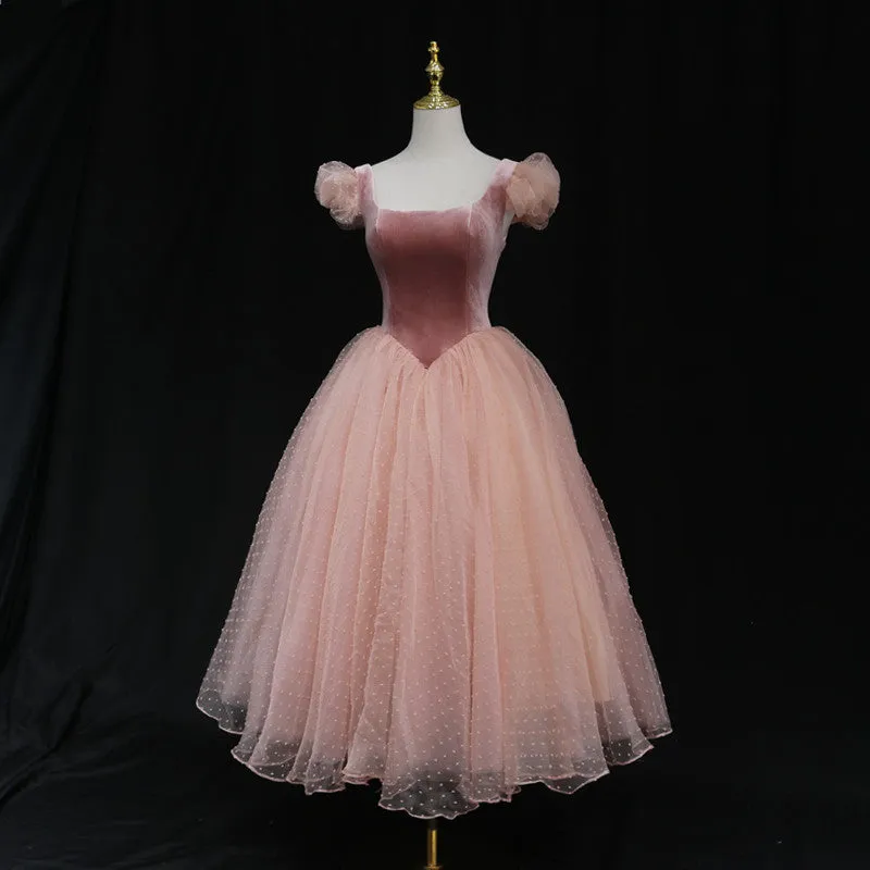 Pink Tulle and Velvet Short Sleeves Party Dress, Pink Tea Length Formal Dress
