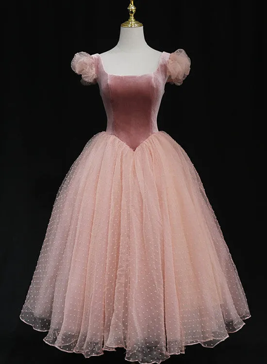 Pink Tulle and Velvet Short Sleeves Party Dress, Pink Tea Length Formal Dress