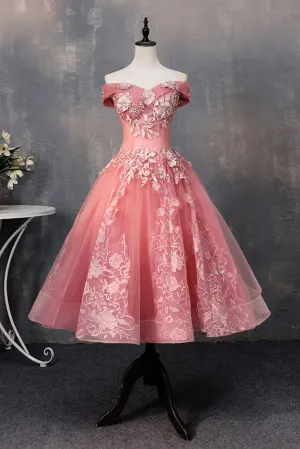 Pink tulle lace off shoulder short prom dress, pink evening dress