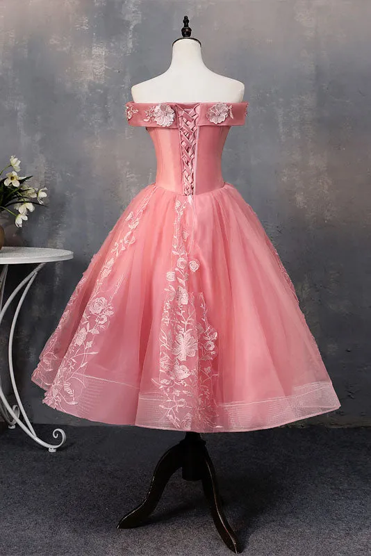 Pink tulle lace off shoulder short prom dress, pink evening dress