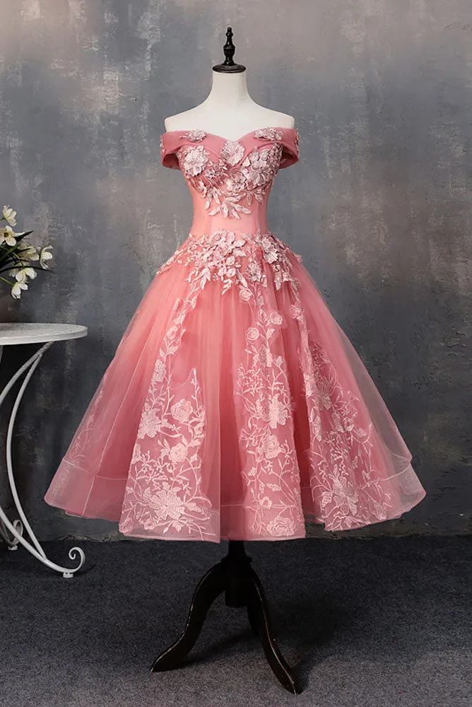 Pink tulle lace off shoulder short prom dress, pink evening dress