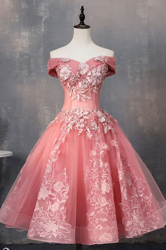 Pink tulle lace off shoulder short prom dress, pink evening dress