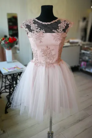 Pink tulle lace short prom dress, pink homecoming dress