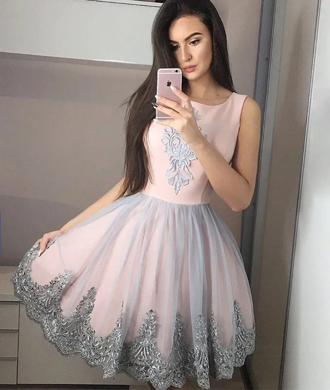 Pink tulle lace short prom dress, pink tulle homecoming dress