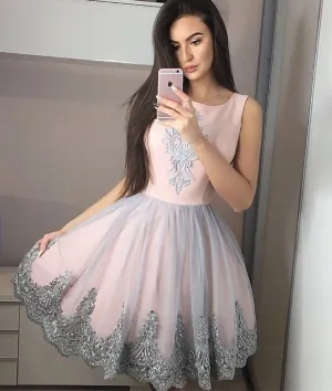 Pink tulle lace short prom dress, pink tulle homecoming dress