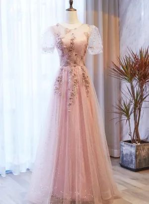 Pink Tulle with Puffy Sleeves Floral Long Evening Dress, Pink Long Party Dress Formal Dresses