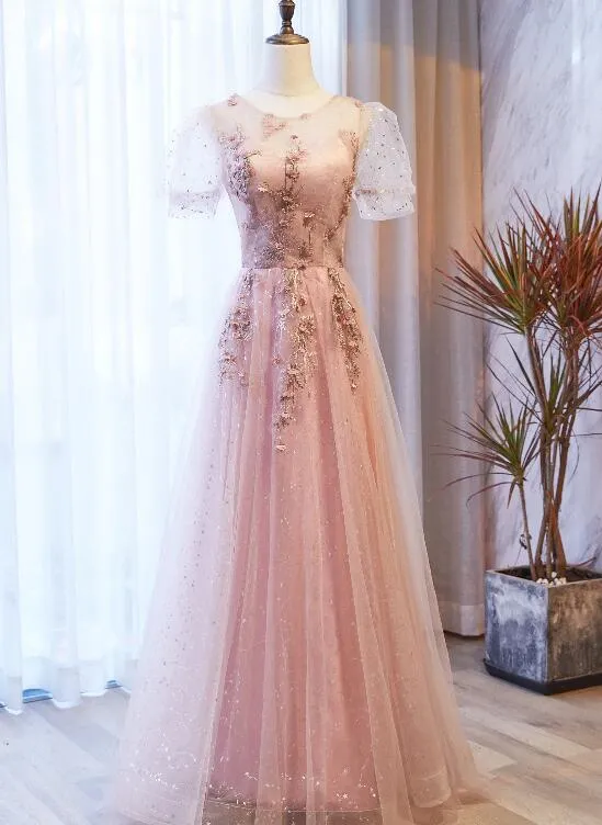 Pink Tulle with Puffy Sleeves Floral Long Evening Dress, Pink Long Party Dress Formal Dresses