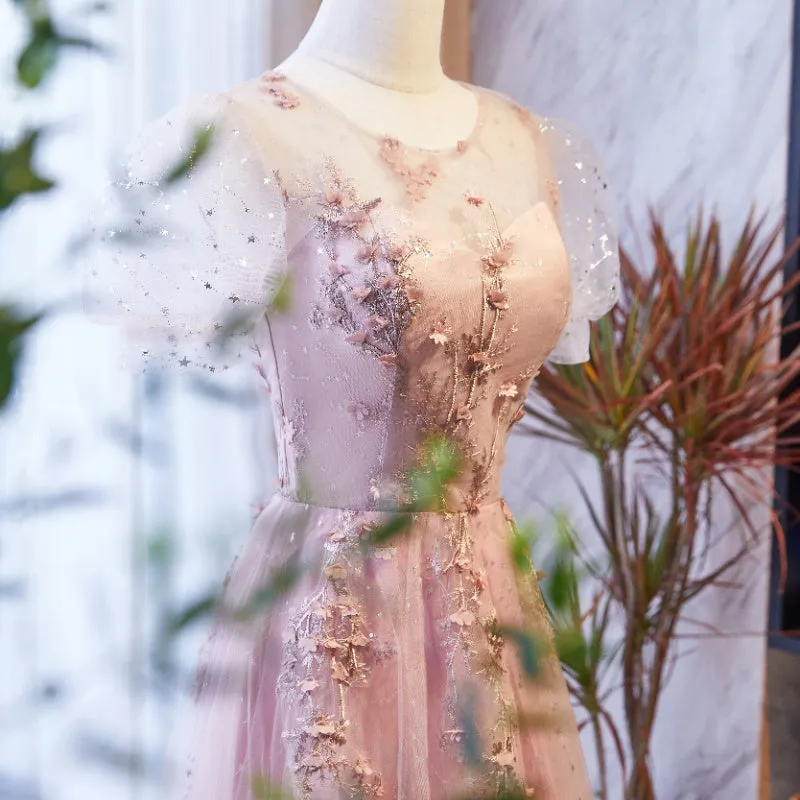 Pink Tulle with Puffy Sleeves Floral Long Evening Dress, Pink Long Party Dress Formal Dresses