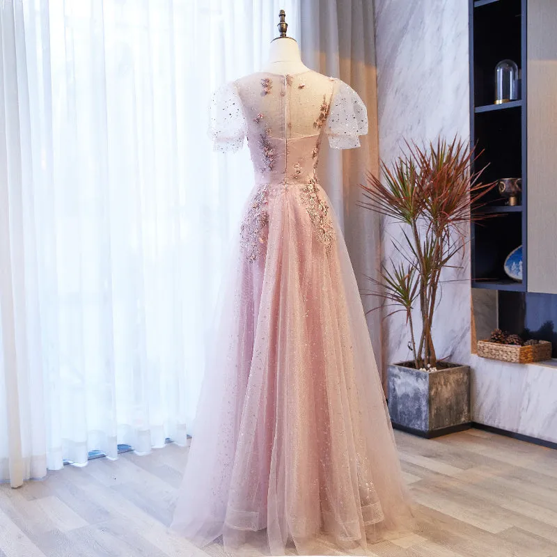 Pink Tulle with Puffy Sleeves Floral Long Evening Dress, Pink Long Party Dress Formal Dresses