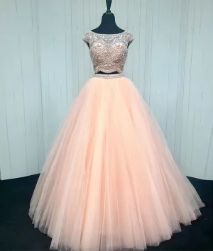 Pink two pieces beads tulle long prom dress, pink evening dress