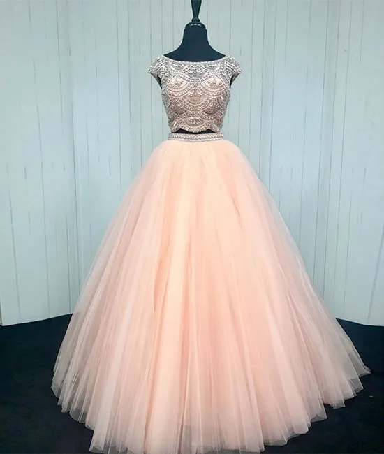 Pink two pieces beads tulle long prom dress, pink evening dress
