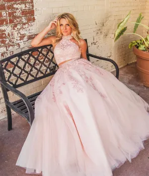 Pink two pieces lace long prom dress, pink lace evening dress