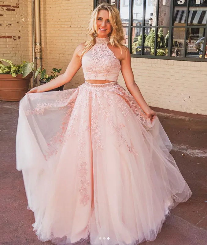 Pink two pieces lace long prom dress, pink lace evening dress