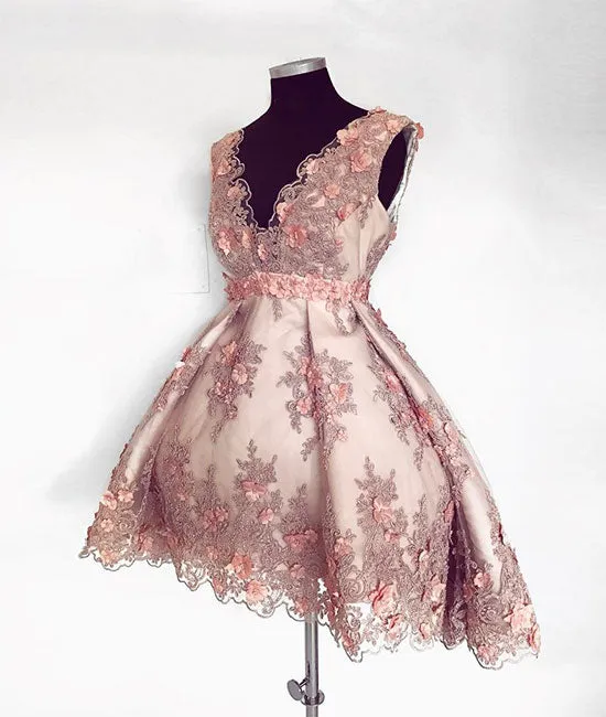 Pink v neck lace short prom dress, pink homecoming dress