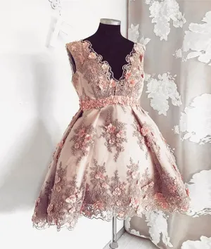 Pink v neck lace short prom dress, pink homecoming dress