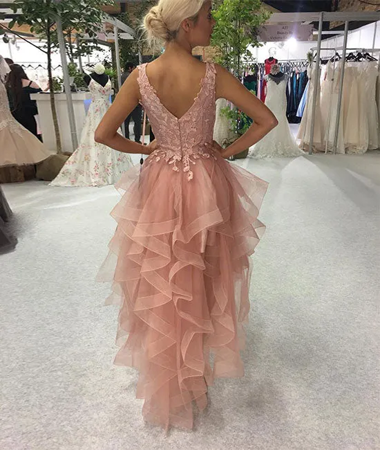 Pink v neck lace tulle prom dress, pink tulle homecoming dress