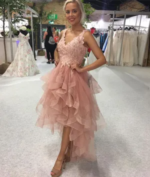 Pink v neck lace tulle prom dress, pink tulle homecoming dress