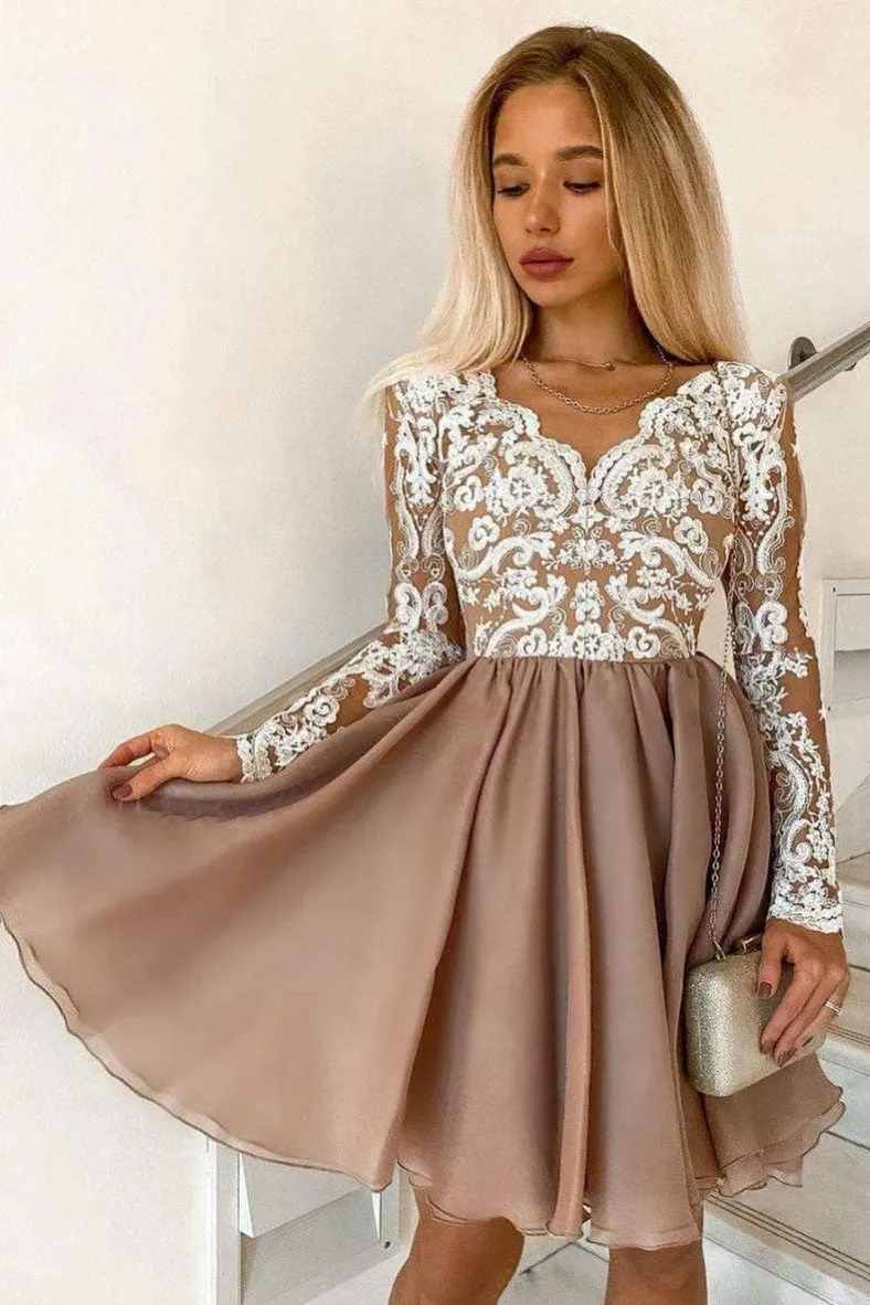 Pink v neck lace tulle short prom dress lace cocktail dress