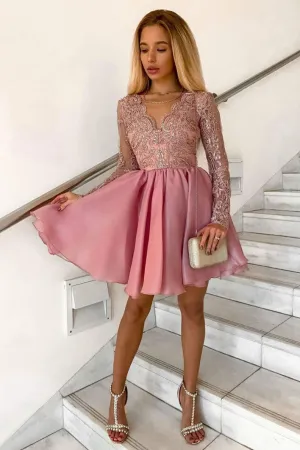 Pink v neck lace tulle short prom dress lace cocktail dress