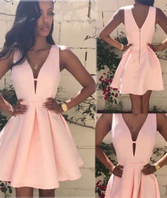 Pink v neck short prom dress, cute homecoming dress