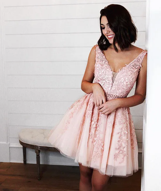 Pink v neck tulle lac applique short prom dress, pink homecoming dress