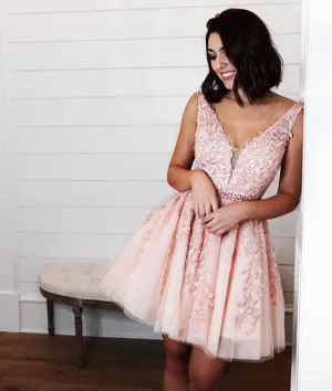 Pink v neck tulle lac applique short prom dress, pink homecoming dress