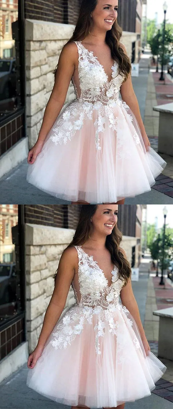 Pink v neck tulle lace applique short prom dress, pink homecoming dress