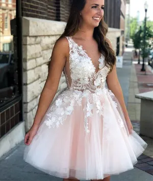 Pink v neck tulle lace applique short prom dress, pink homecoming dress