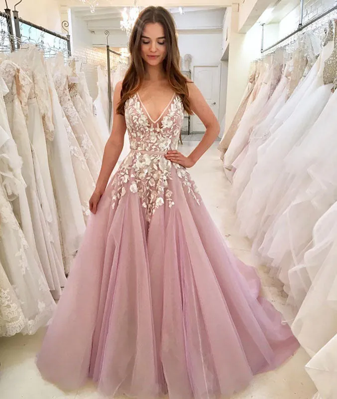 Pink v neck tulle lace long prom dress, pink tulle evening dress