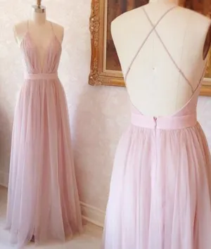 Pink v neck tulle long prom dress, evening dress