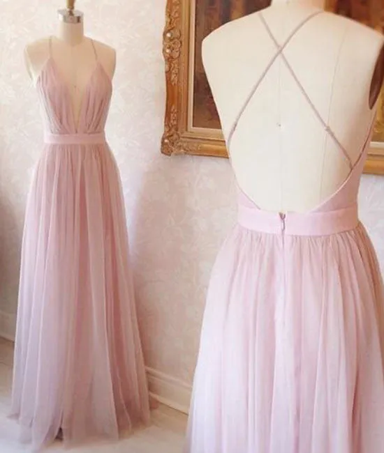 Pink v neck tulle long prom dress, evening dress