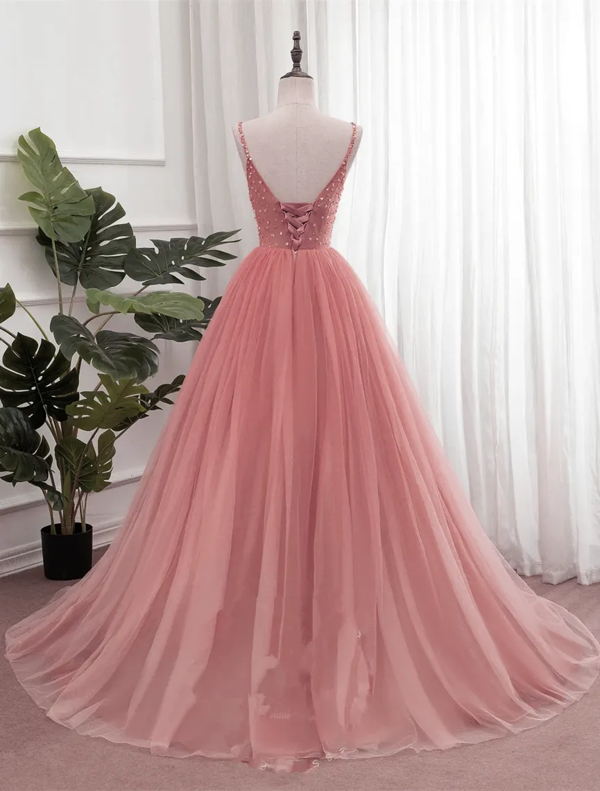 Pink V-neckline Beaded Tulle Long Formal Dresses, Dark Pink Junior Prom Dresses