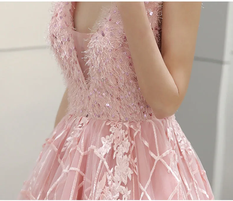Pink V-neckline Tulle Lace High Low Party Dress, Pink Formal Dress Homecoming Dress