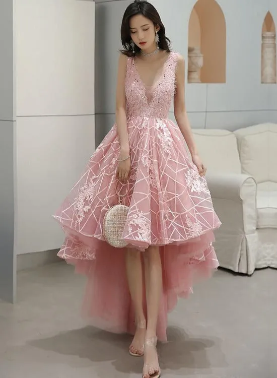 Pink V-neckline Tulle Lace High Low Party Dress, Pink Formal Dress Homecoming Dress