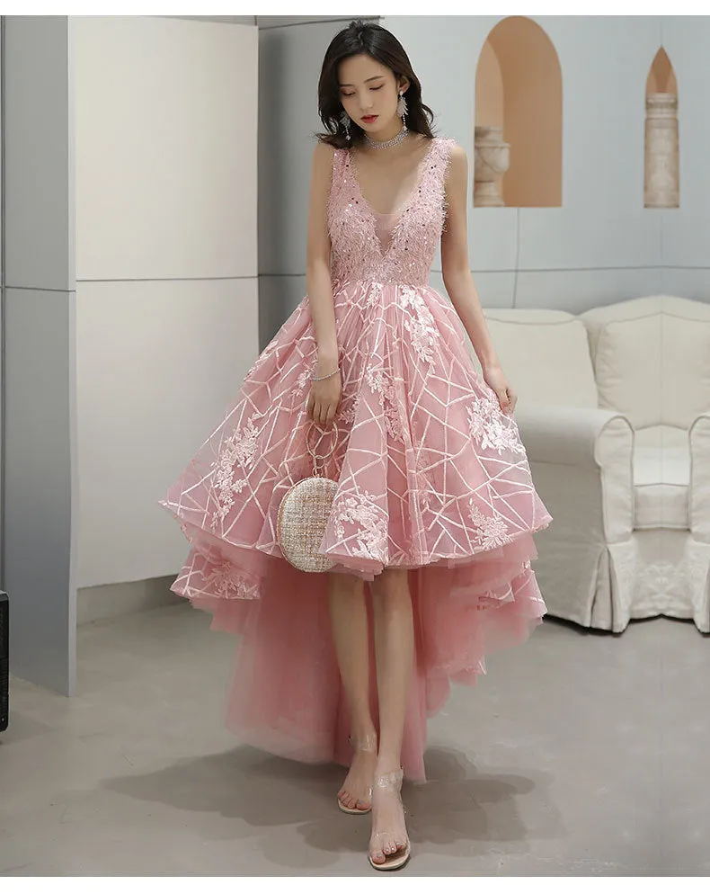 Pink V-neckline Tulle Lace High Low Party Dress, Pink Formal Dress Homecoming Dress