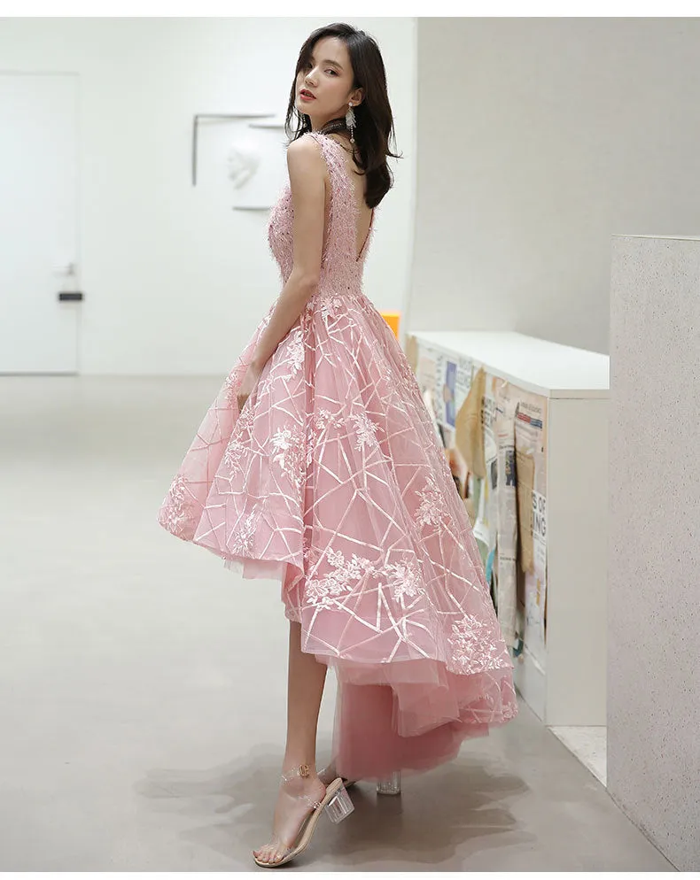 Pink V-neckline Tulle Lace High Low Party Dress, Pink Formal Dress Homecoming Dress