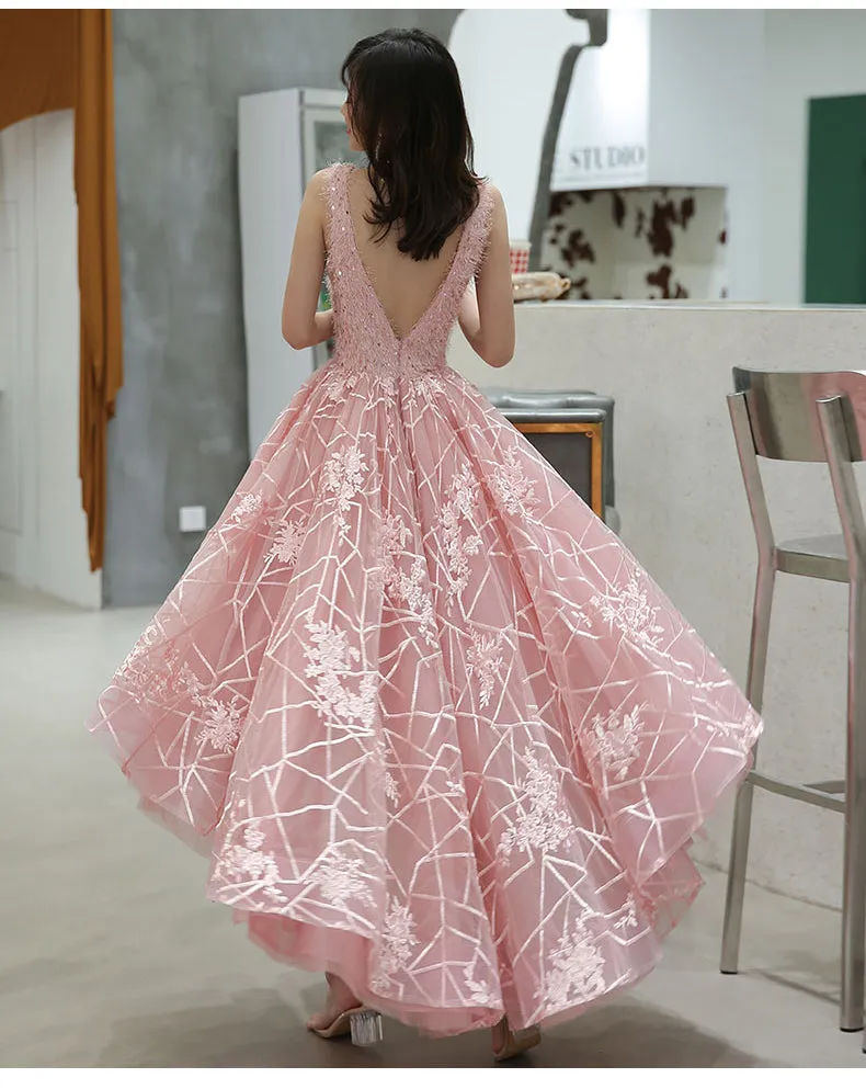 Pink V-neckline Tulle Lace High Low Party Dress, Pink Formal Dress Homecoming Dress