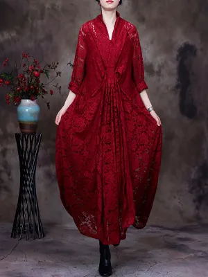 Plus-Size Women Lace V-Neck Belt Irregular Dress
