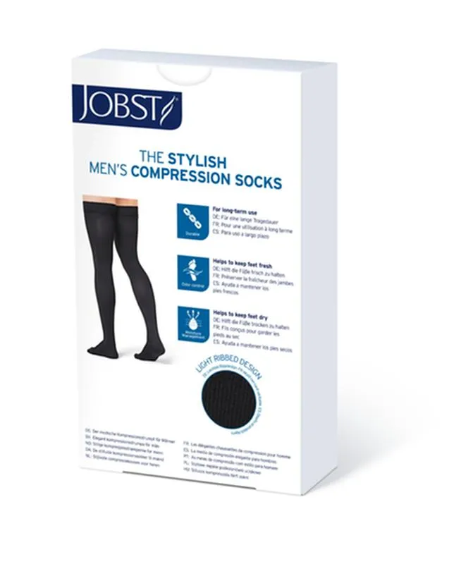 PR/1 JOBST MEDICAL LEG WEAR, MEN, RIBBED, THIGH HIGH W/SIL DOT BAND, 30-40MMHG, SM, BLACK, CLOSED TOE