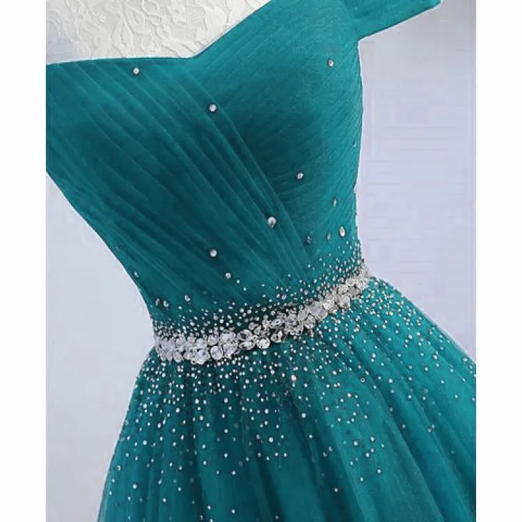 Pretty Hunter Green Off Shoulder Beaded Prom Dress, Long Evening Dress, Party Dress
