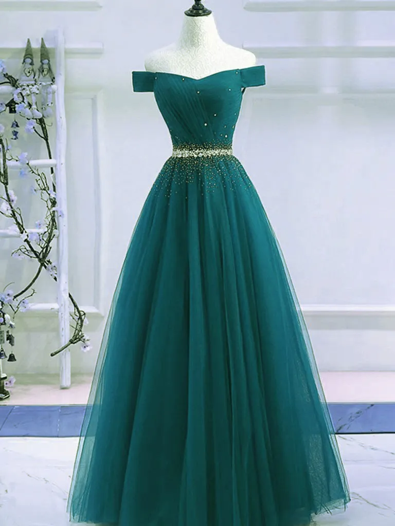 Pretty Hunter Green Off Shoulder Beaded Prom Dress, Long Evening Dress, Party Dress
