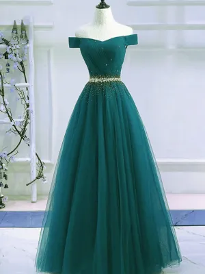 Pretty Hunter Green Off Shoulder Beaded Prom Dress, Long Evening Dress, Party Dress