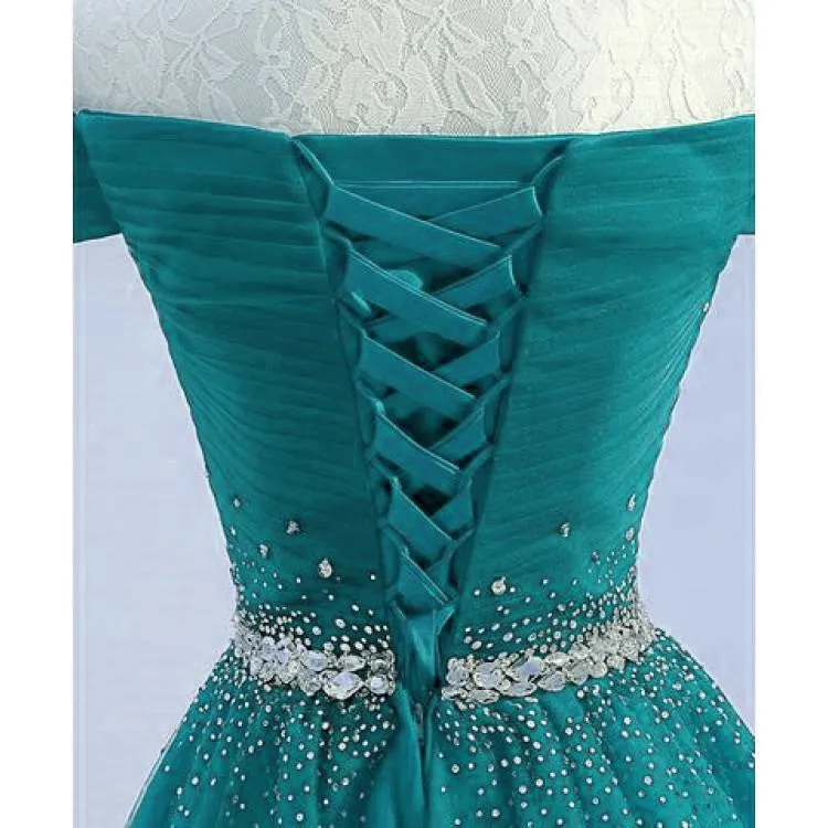 Pretty Hunter Green Off Shoulder Beaded Prom Dress, Long Evening Dress, Party Dress