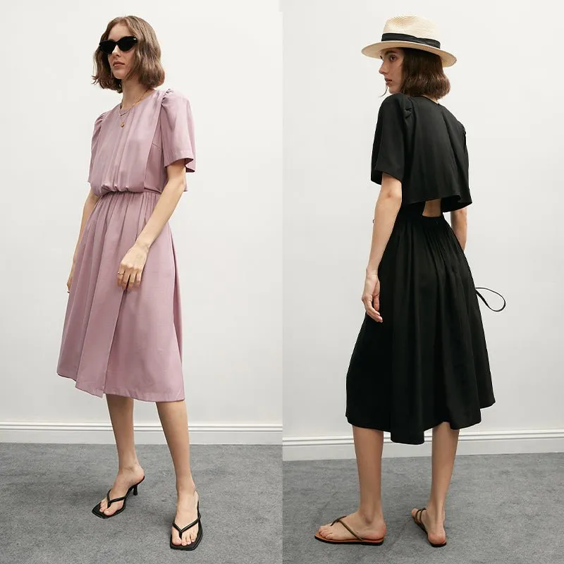Puff Sleeve Pink Purple Black Design Short Sleeve A Swing Dress